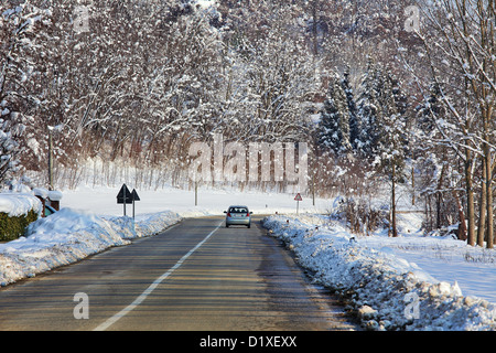 Auto sulla strada tra alberi su campi coperti dalla neve in inverno in Piemonte, Italia settentrionale. Foto Stock