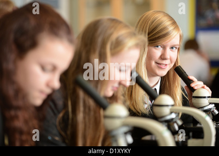 Le ragazze della scuola utilizzando microscopi durante una lezione di scienze a Pâté Grammar School di Cheltenham, Gloucestershire REGNO UNITO Foto Stock
