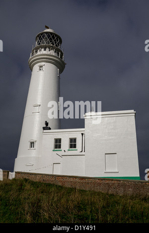 Alta sulle scogliere dello Yorkshire sorge questo bianco lucido faro Foto Stock