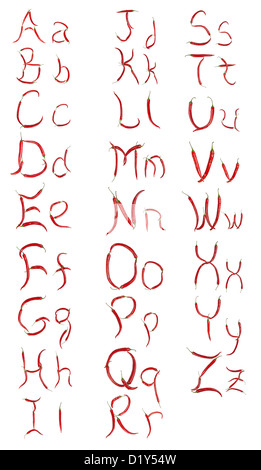 Alfabeto inglese fatta dal peperoncino, con il tracciato di ritaglio Foto Stock