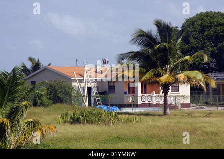Gli uomini di riparare il tetto di una casa in Barbados Foto Stock