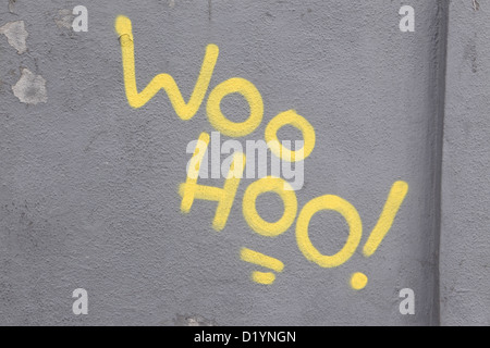 Graffiti sul muro grigio, "woo hoo!" esclamazione gioiosa gioia divertimento, Puerto de la Cruz, Tenerife, Isole Canarie. Foto Stock