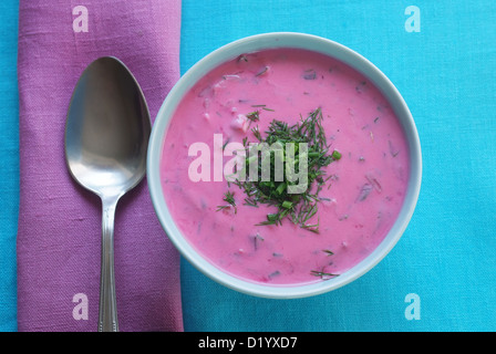 Chłodnik - freddo zuppa di barbabietole in una ciotola su una tovaglia con un tovagliolo. Piatto stagionale. Foto Stock