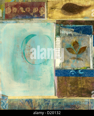 Abstract Collage con foglie e enso (verniciato di cerchio). Una meditazione sulla vita e la vita di energia. Foto Stock