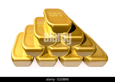 Una pila, stack heap, Fila, righe di fine reale puro Gold bullion bars cut-out tagliare intaglio isolato su uno sfondo bianco. Foto Stock