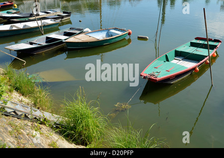 Piccole barche sul fiume Maine ad Angers, comune nel Maine-et-Loire dipartimento in Francia occidentale Foto Stock