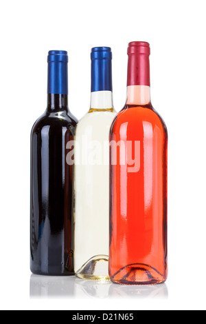 Tre bottiglie di vino isolato su sfondo bianco Foto Stock