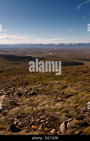 I fiumi si snodano attraverso le lande e paludi della Hróarstunga, Est fiordi, Islanda Foto Stock