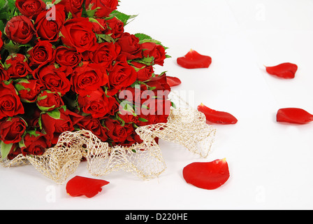 Mazzo di rose rosse isolato su uno sfondo bianco con petali intorno Foto Stock