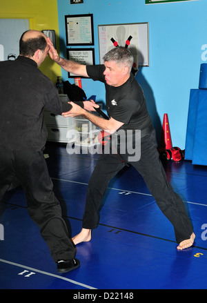 Hapkido cintura nera combattenti praticare la loro arte in una scuola di arti marziali. Foto Stock