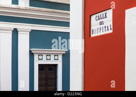 Calle de Hospital strada segno nella vecchia San Juan, Puerto Rico Foto Stock