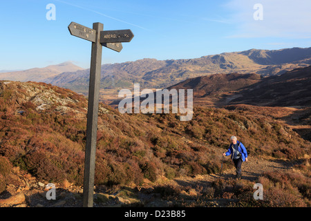 Senior donna walker camminando sul percorso o Aberglaslyn Sygun da Llyn Dinas sopra Nant Gwynant nelle montagne di Snowdonia nel Galles Foto Stock