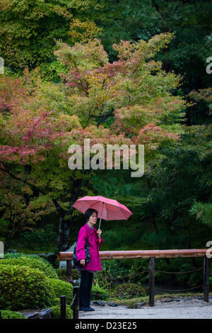 Una donna stessa protegge dalla pioggia con un ombrello Rosa nel giardino del tempio di Tenryuji, nei pressi di Kyoto Foto Stock