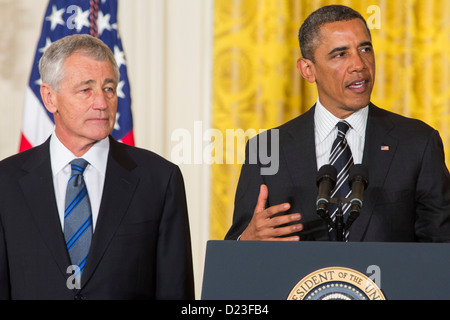 Il presidente Barack Obama nomina Chuck Hagel o Segretario della Difesa. Foto Stock