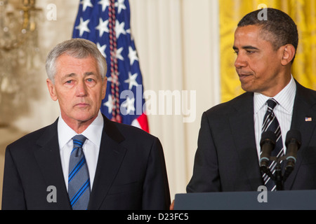 Il presidente Barack Obama nomina Chuck Hagel o Segretario della Difesa. Foto Stock