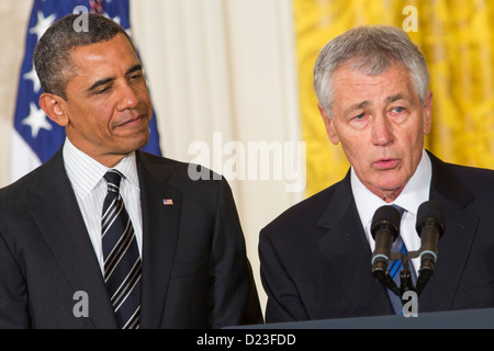 Il presidente Barack Obama nomina Chuck Hagel o Segretario della Difesa. Foto Stock