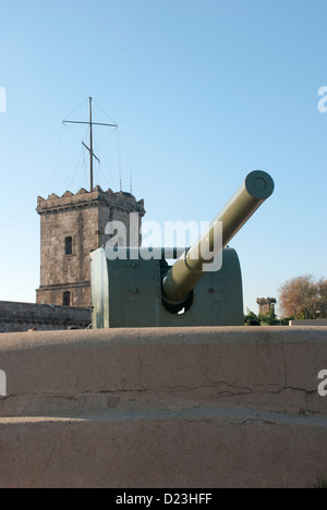 Cannone fuoco-pistola, a Castell de Montjuic, torre di osservazione, cittadella, Catalunya, Catalogna, Barcellona, Spagna. Foto Stock