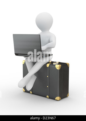 Uomo con notebook sui bagagli. 3d Foto Stock