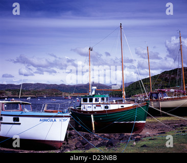 Barche da pesca a bassa marea a Badachro, vicino a Gairloch in Wester Ross, West Highlands della Scozia, Regno Unito. Foto Stock