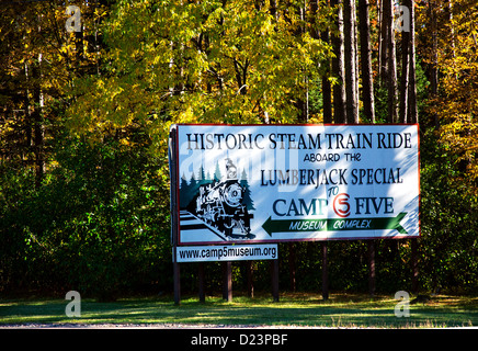 Segno per Lumberjack treno a vapore in Laona, Wisconsin, un vintage treno a vapore che porta i visitatori al Camp 5 Logging Camp. Foto Stock