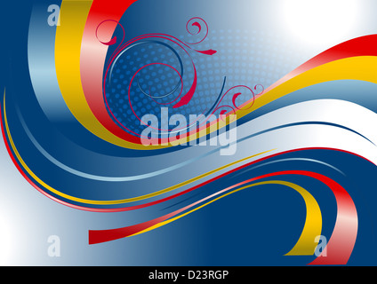Rosso e giallo strisce curve su uno sfondo blu Foto Stock