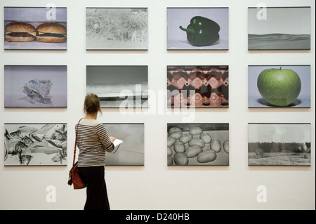 Una donna in visita alla mostra 'Michael Schmidt. Alimenti' a Martin-Gropius-Bau a Berlino, Germania, 11 gennaio 2013. Per il suo ultimo progetto per il trattamento dei prodotti alimentari in Europa Schmidt fotografato le aziende di allevamento ittico, panifici industriali e frutta-industrie di trasformazione. Foto: MAURIZIO GAMBARINI Foto Stock