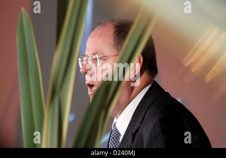 Cancelliere SPD candidato Peer Steinbrueck parla alla riunione dell'Associazione delle contee di tedesco a Berlino, Germania, 11 gennaio 2013. La riunione di due giorni si svolge sotto il motto "contee tedesco forma il cambiamento demografico'. Foto: STEPHANIE PILICK Foto Stock