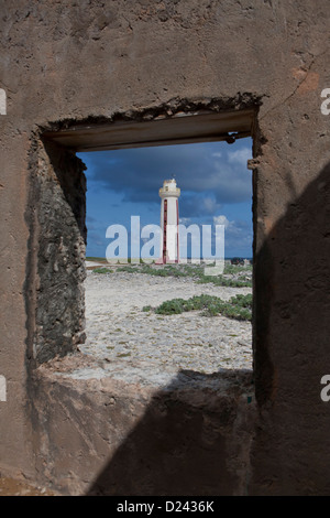 Guardando un faro, attraverso una finestra di un edificio in rovina. Foto Stock