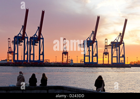 Gru al Terminal Burchardkai di sera, il porto di Amburgo, Germania Foto Stock