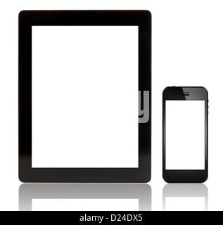 Tablet PC e smart phone nero lucido, withe schermo isolato su bianco Foto Stock