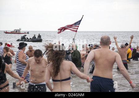 2013: Coney Island Polar Bear Club Nuovo Anno di nuotare nell'Oceano Atlantico; Brooklyn; New York Foto Stock