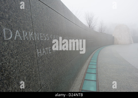 Un iscrizione in granito presso il memoriale di Martin Luther King sulle rive del bacino di marea a Washington DC su un freddo inverno nebbia di mattina. Si tratta di una citazione da MLK che legge '"tenebre non può guidare fuori dall'oscurità: solo la luce può farlo. L odio non è in grado di estrarre l'odio: solo l amore può farlo". Foto Stock