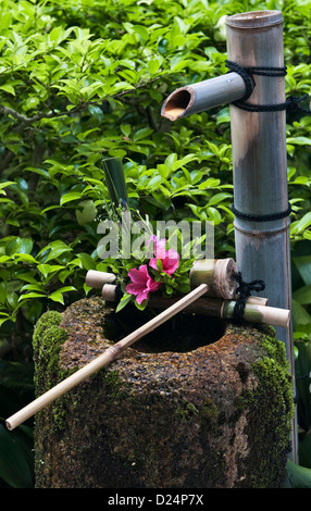 Un vecchio tsukubai di pietra o bacino d'acqua per il lavaggio rituale o la purificazione, nei giardini del tempio buddista di Funda-in, Tofuku-ji, Kyoto, Giappone Foto Stock