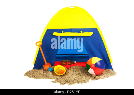 Il blu e il giallo tenda in spiaggia Foto Stock