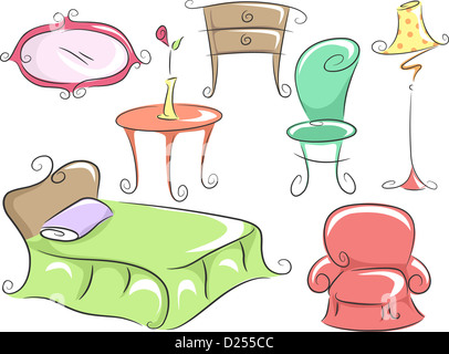 Illustrazione di arredamento domestico dotata di un letto matrimoniale, un tavolino e una sedia, una cassettiera, un paralume e uno specchio Foto Stock