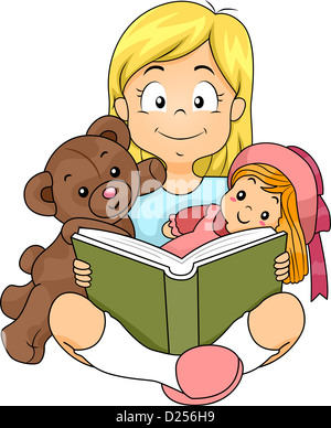 Illustrazione di una ragazza la lettura di una storia per i suoi giocattoli Foto Stock