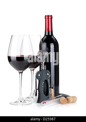 Rosso bottiglia di vino, bicchieri, cavatappi, tappi e termometro. Isolato su sfondo bianco Foto Stock