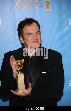 Il Direttore Quentin Tarantino pone nella foto sala stampa del settantesimo Annuale di Golden Globe Awards presentato dalla Hollywood Foreign Press Association, HFPA, presso l'Hotel Beverly Hilton di Beverly Hills, Stati Uniti d'America, il 13 gennaio 2013. Foto: Hubert Boesl Foto Stock