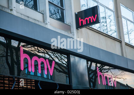 Bristol, Regno Unito. Il 15 gennaio 2013. HMV store frontage in Bristol. Credito: Rob Hawkins / Alamy Live News Foto Stock