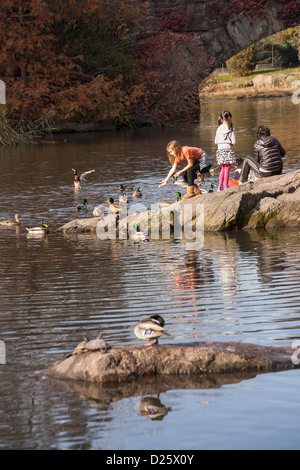 Lo stagno e Ponte Capstow con bambini alimentazione di anatre, NYC Foto Stock