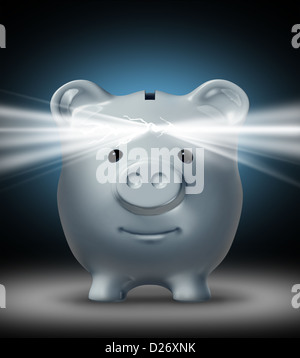 Visione degli investimenti e il potere del risparmio con un incrinato bianco aperto salvadanaio splendenti di una luce brillante come un simbolo finanziario della saggezza nel gestire il denaro risparmiato. Foto Stock