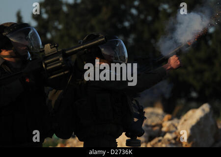 Febbraio 14, 2013 - Ramallah, West Bank, Territorio palestinese - frontiera israeliana ufficiali della polizia palestinese a detenere i manifestanti in una zona conosciuta come ''E1', che collega le due parti del popolo israeliano-West Bank occupata fuori sobborghi araba di Gerusalemme Est Gennaio 15, 2013. La polizia israeliana, usando granate stun, bloccati circa 50 attivisti palestinesi che hanno cercato il martedì di rioccupare tende si accampò la scorsa settimana su una patch di Cisgiordania terra che Israele vuole per insediamenti ebraici (credito Immagine: © Issam Rimawi APA/images/ZUMAPRESS.com) Foto Stock