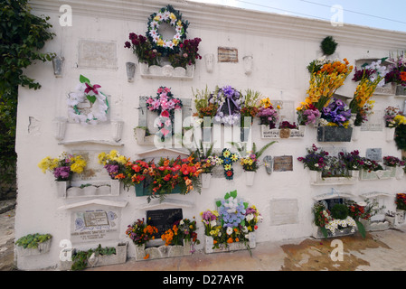 Nel cimitero principale. Sepolcri adornati con fiori. Antigua il giorno dei morti. Foto Stock