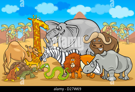 Cartoon illustrazione di Funny Safari animali selvatici Gruppo contro il cielo blu e il paesaggio africano Foto Stock