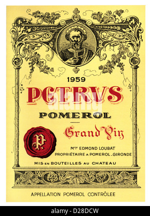 CHATEAU PETRUS etichetta del flacone di eccezionale anno di raccolto 1959 Chateau Petrus Pomerol Grand Vin vino rosso Bordeaux Francia Foto Stock