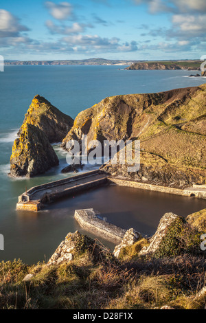 Mullion Harbour su Cornwall Lizard Penisola, catturata mediante una lenta velocità di otturazione per sfocare il mare Foto Stock