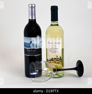 Due bottiglie di vino bianco e rosso con un bicchiere capovolto. Foto Stock