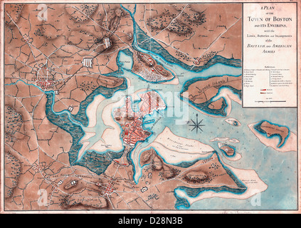 Una pianta della città di Boston e i suoi dintorni, con le linee, batterie e incampments del governo britannico e di eserciti americani. 1776 USA guerra rivoluzionaria Foto Stock