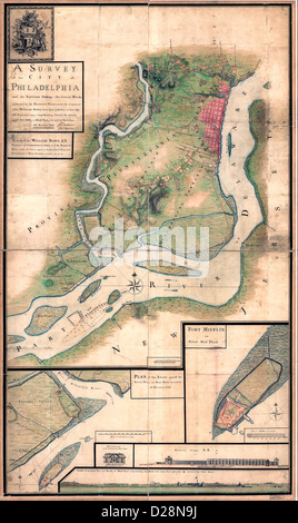 Mappa di un sondaggio della città di Filadelfia e dintorni annunziando la diverse opere costruite da Sua Maestà, le truppe, sotto il comando di Sir William Howe, poiché il loro possesso di quella città 26th. Settembre 1777, comprensione allo stesso modo gli attacchi contro Fort Mifflin sul Mud Island, e fino a che la riduzione, 16 novembre 1777. Foto Stock