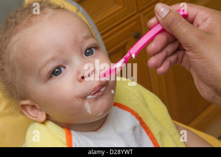 Il Toddler essendo alimentati in sedia alta Foto Stock